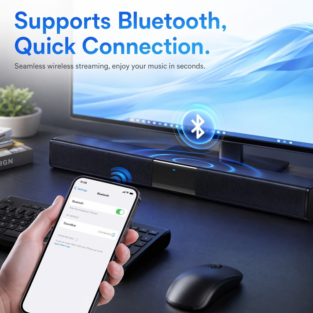 Deep Bass Soundbar with Subwoofer for Smart TV – 22" Wireless Bluetooth 5.0 Surround Sound System, TF/AUX/RCA/TWS, Home Theater Speaker for PC, Gaming, Projector, Studio, Live & Stage