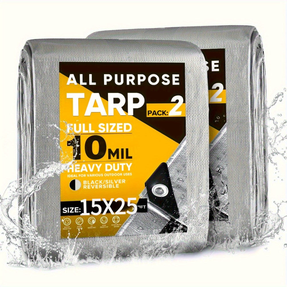 Heavy Duty Waterproof Tarp 2-Pack 10Mil 150GSM Black Silver – Tear-Proof Polyethylene Cover with Reinforced Grommets for Roof Pool Boat Car Camping & Outdoor