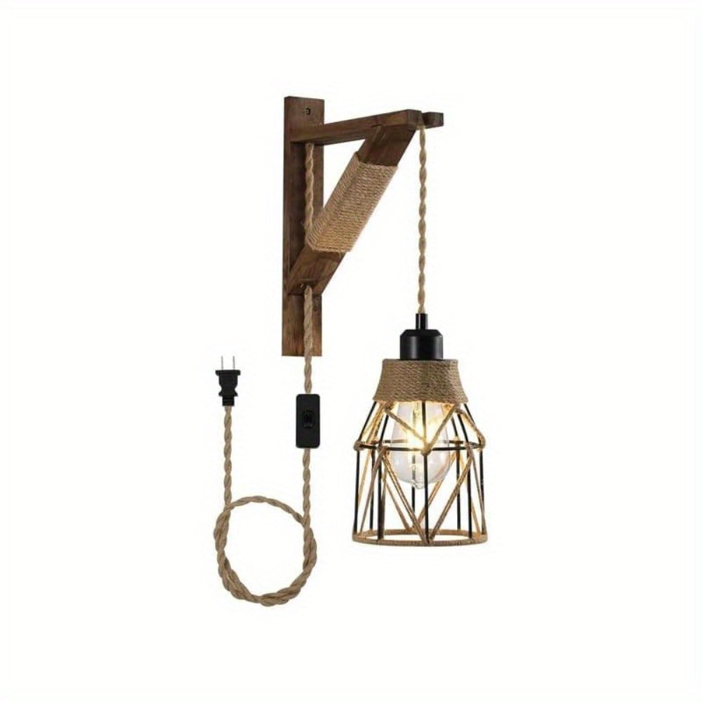 Plug In Wall Sconces Set of 2 or 1 – Rustic Farmhouse Wall Lamp with Metal Cage & Wooden Bracket, Plug-Into-Outlet Hanging Light for Bedroom, Living Room & Headboard