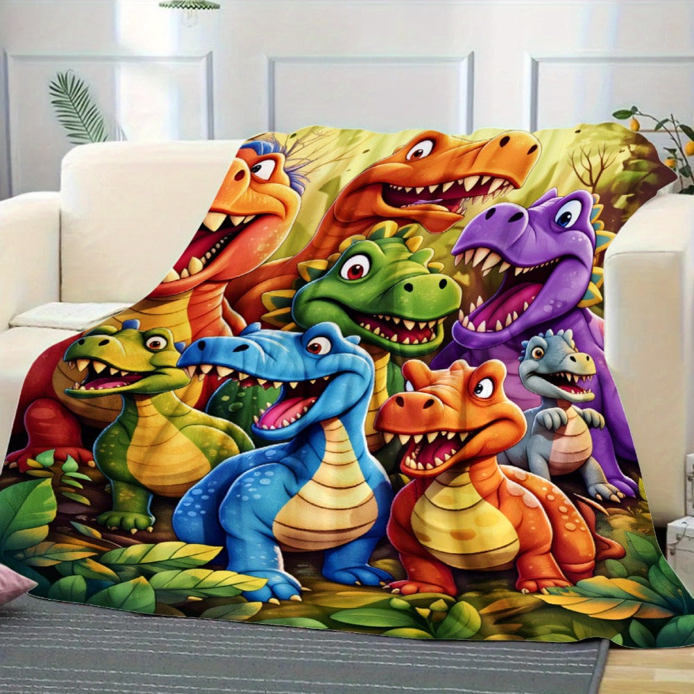 Dinosaur Print Flannel Throw Blanket – 250-300gsm Soft Lightweight Cartoon Dino Blanket for Kids, Couch, Bed & Travel, 5 Sizes