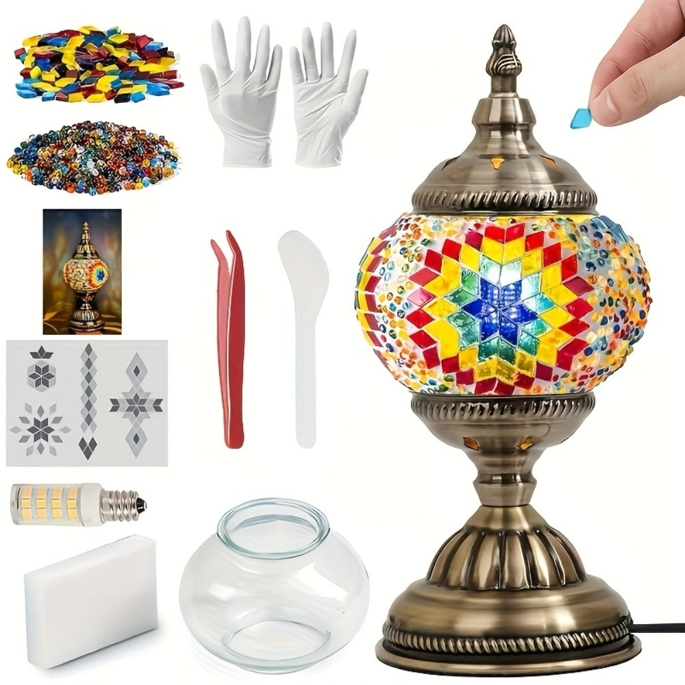 DIY Turkish Moroccan Mosaic Lamp Kit Handmade Glass Metal Brass Dimmable Bohemian Table Light for Bedroom Living Room Office Vintage Boho Decor Gift Multiple Colors 3-Color Adjustable Option