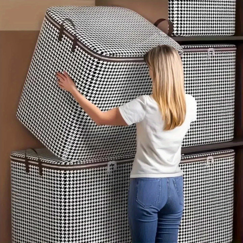 Large Storage Bags Houndstooth Non-Woven Fabric Organizer with Double Zipper & Handles – 160L/180L Dustproof Foldable Storage Box for Bedroom, Closet, Moving, Travel & Dorm, 1pc or 3pcs Set