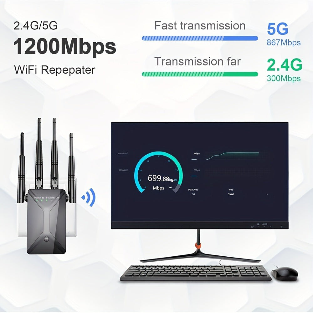 Ethernet Port WiFi Booster 1200Mbps Dual Band 5GHz & 2.4GHz, Up to 89% Faster WiFi Extender, 2026 Latest Upgraded Internet Signal Repeater for Gaming Smart TV Remote Work Large Home, Black