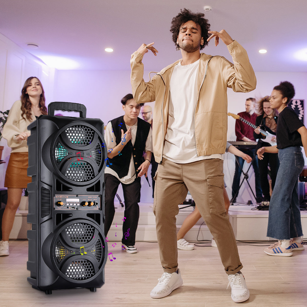 Portable PA Speaker with Dual Woofer & Disco LED Lights - Bluetooth Subwoofer, FM Radio, AUX USB Mic Guitar Input, Wired Microphone & Remote Control, 1800mAh Battery, Indoor Outdoor Party