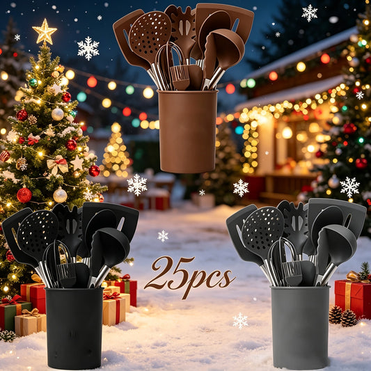 Silicone Kitchen Utensil Set with Stainless Steel Handles, 25 Pieces