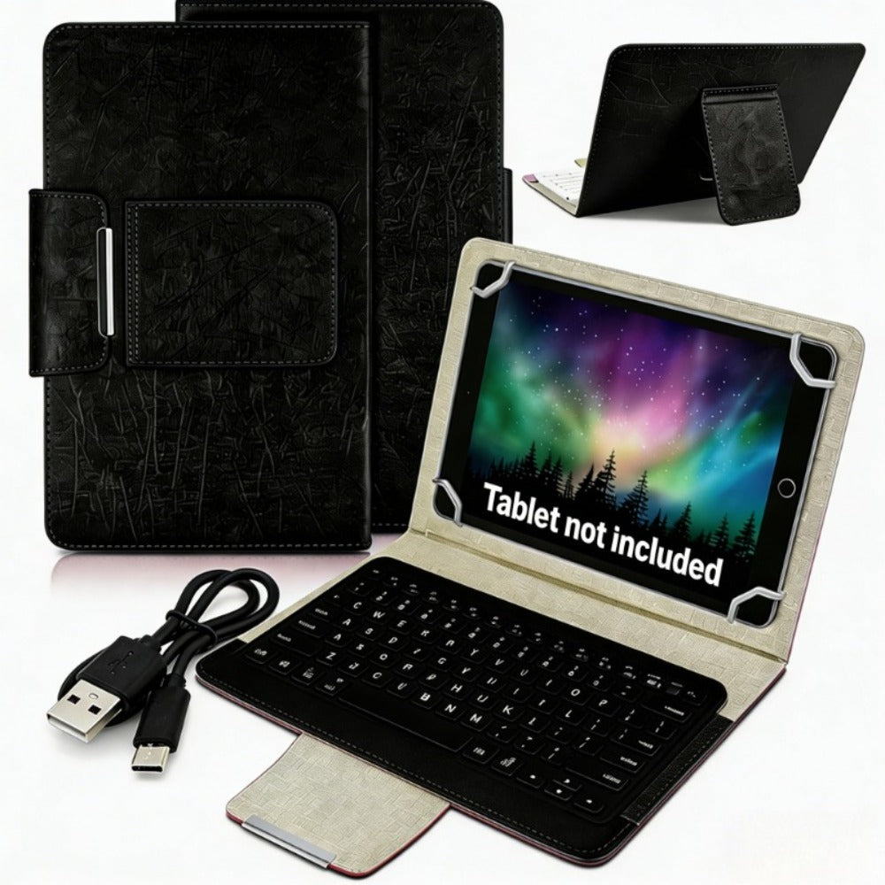Universal Tablet Case with Wireless Keyboard 10.1 Inch – Removable Bluetooth Keyboard, PU Leather Folio Cover, Built-in Stand, Compatible with iOS Android Windows Tablets, Travel Portable Sleeve