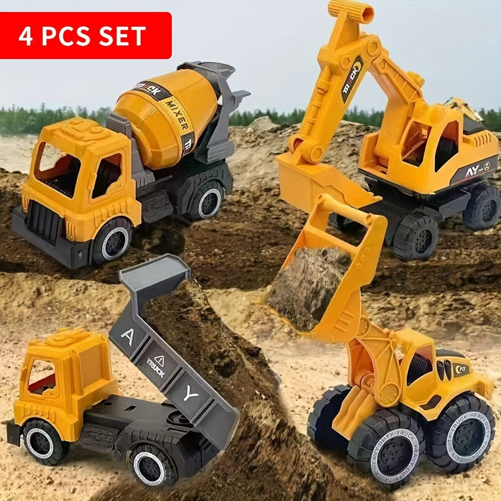 Construction Vehicle Toy Set for Kids – 4PCS Large Shatterproof Excavator, Mixer, Dump Truck & Bulldozer Engineering Cars, Push & Pull-Back Toy Trucks for Toddlers Ages 2+, Birthday Gift for Boys