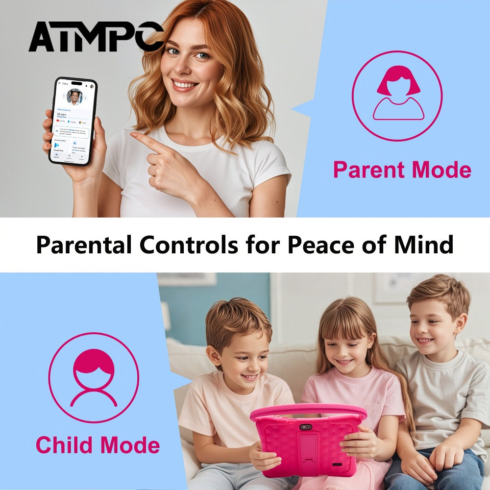 Kids Tablet 7 Inch Android 14, 4GB RAM 32GB ROM, Eye Protection HD Touchscreen, Drop-Proof Silicone Case, Parental Controls, WiFi Learning Tablet for Boys & Girls, Educational Gift for Toddlers Ages 3-12, Dusty Rose
