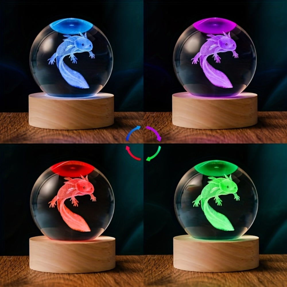 3D Axolotl Crystal Ball Night Light – USB Powered LED Colorful Gradient Glow Orb Atmosphere Lamp with Bamboo Base, Amphibian Figurine Desk Light for Home Decor, Bedroom, Kids Room & Unique Gift (2.36in)