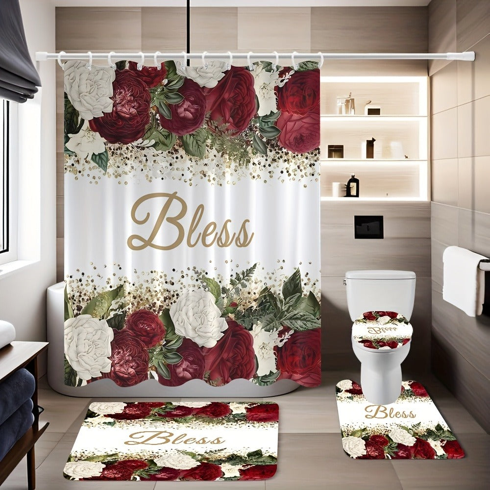 Rose Print Shower Curtain 4-Piece Bathroom Set – Toilet Lid Cover Mat Machine Washable with 12 Hooks Elegant Floral Decor