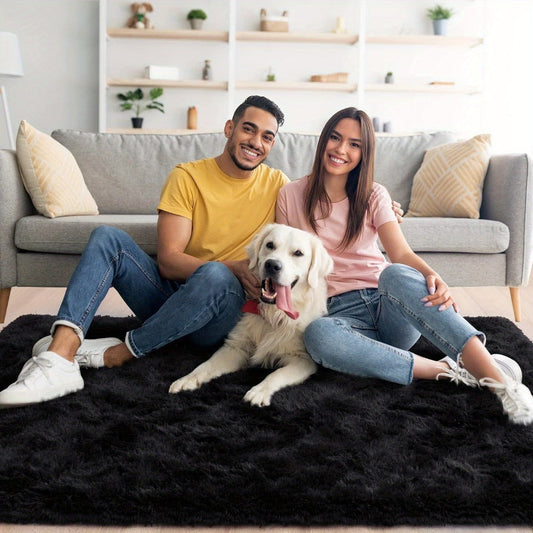 Shaggy Area Rug in Black with Soft Tufted Pile for Bedrooms and Living Rooms