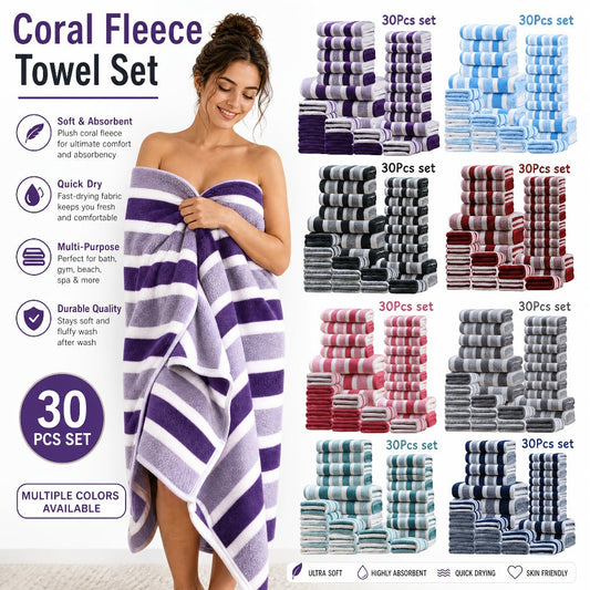 Bath Towel Set, 30-Piece Soft Coral Fleece Quick-Dry Towels for Home & Travel