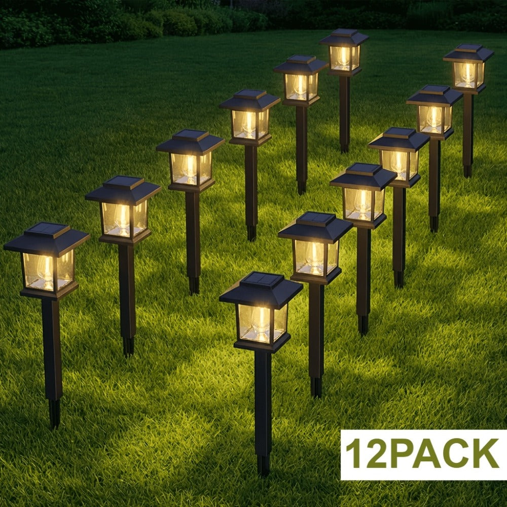 Solar Pathway Lights Outdoor Edison Style LED – Up to 12 Hours Auto On/Off IP44 Waterproof | Warm White Solar Garden Lights for Yard, Driveway & Walkway | Black & Brown Upgraded Stake Lights