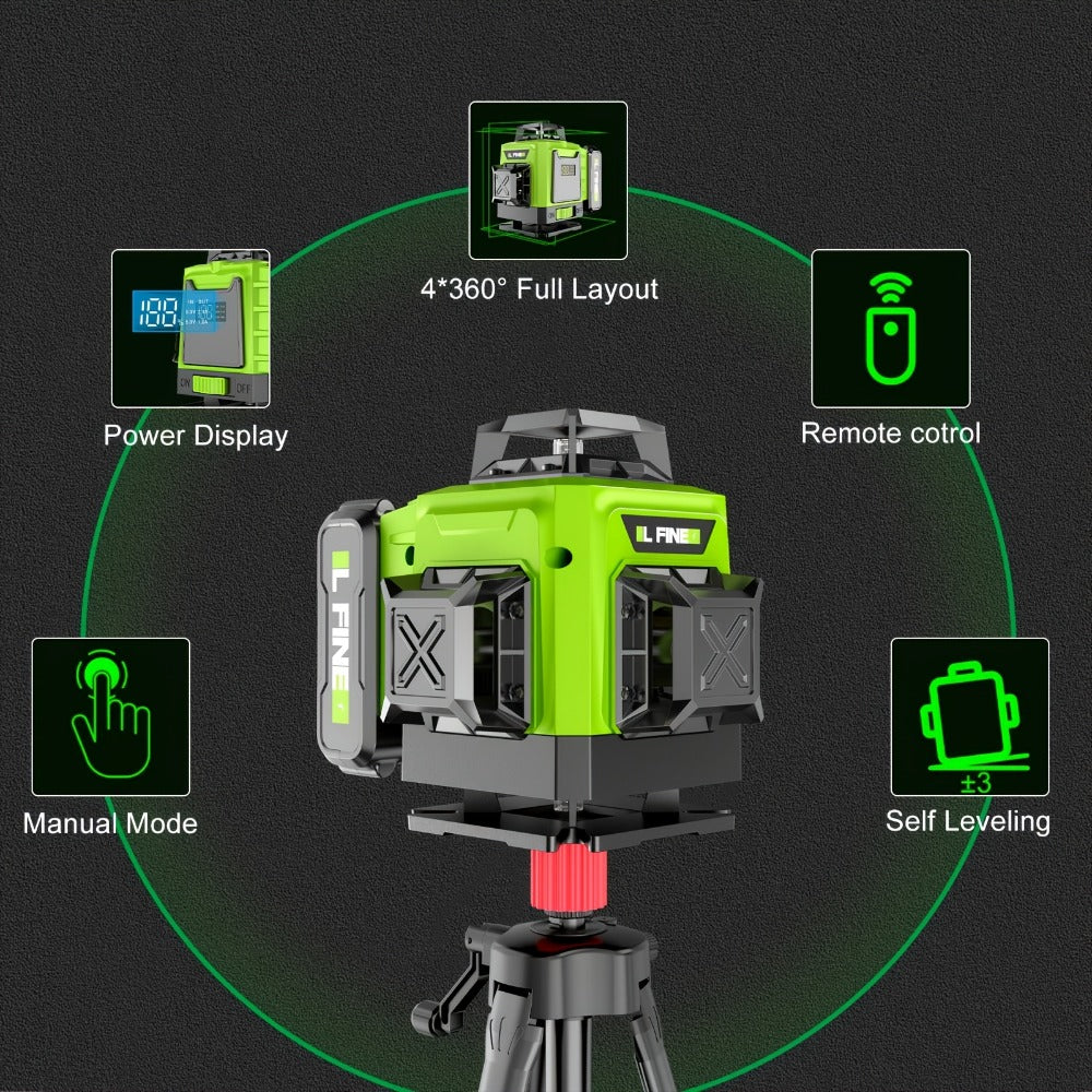 4D Laser Level 16 Line Self Leveling High Precision Cross Line Laser for Construction Renovation Tiling Flooring Alignment Fast Charging with Tripod Options