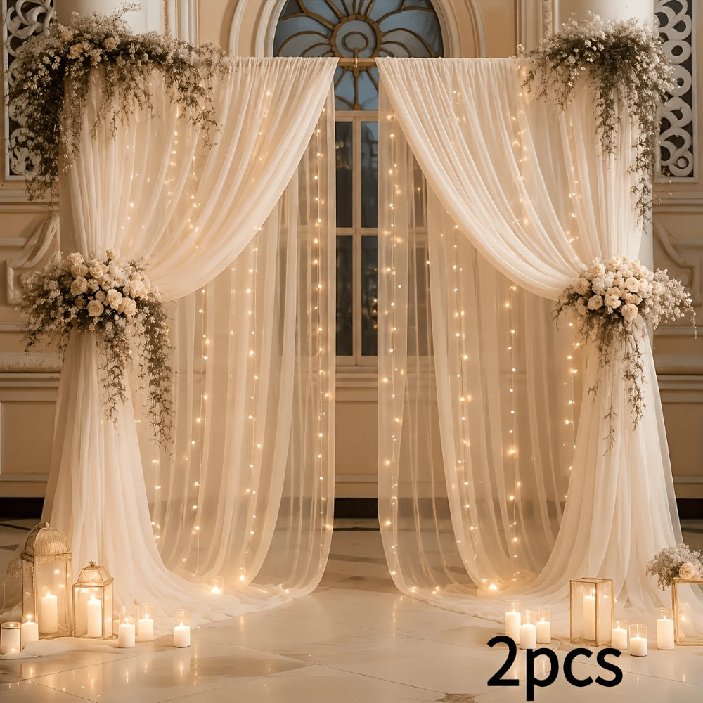 Champagne Tulle Backdrop with String Lights 5.2x10Ft 2pcs Sheer Curtain Photo Booth Props Wedding Party Background Decoration Non-Porous