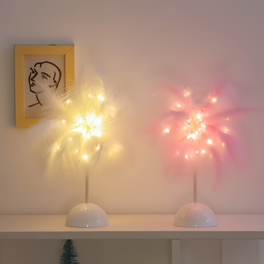 Feather LED Table Lamp – 40-Head Copper Wire Night Light, Romantic Atmosphere Lamp for Bedroom Living Room, Cute Desk Decor Light for Birthday Valentine's Day Gift (White / Pink, 1pc / 2pcs)