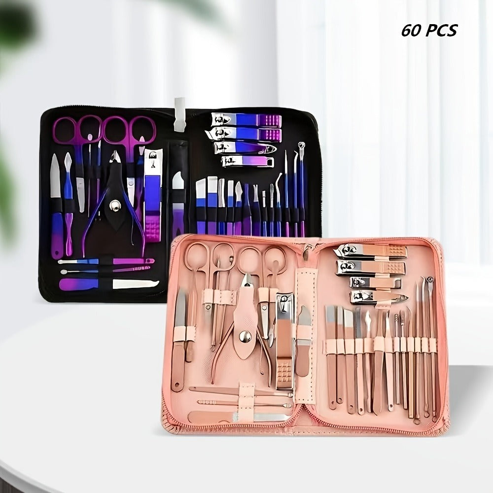 Manicure Set 9 18 30 60pcs Professional Nail Clipper Pedicure Kit Portable Travel Grooming Tools — Cuticle Trimmer Nail File Nail Care Gift Set for Women Girls, Gradient Pink Black Green