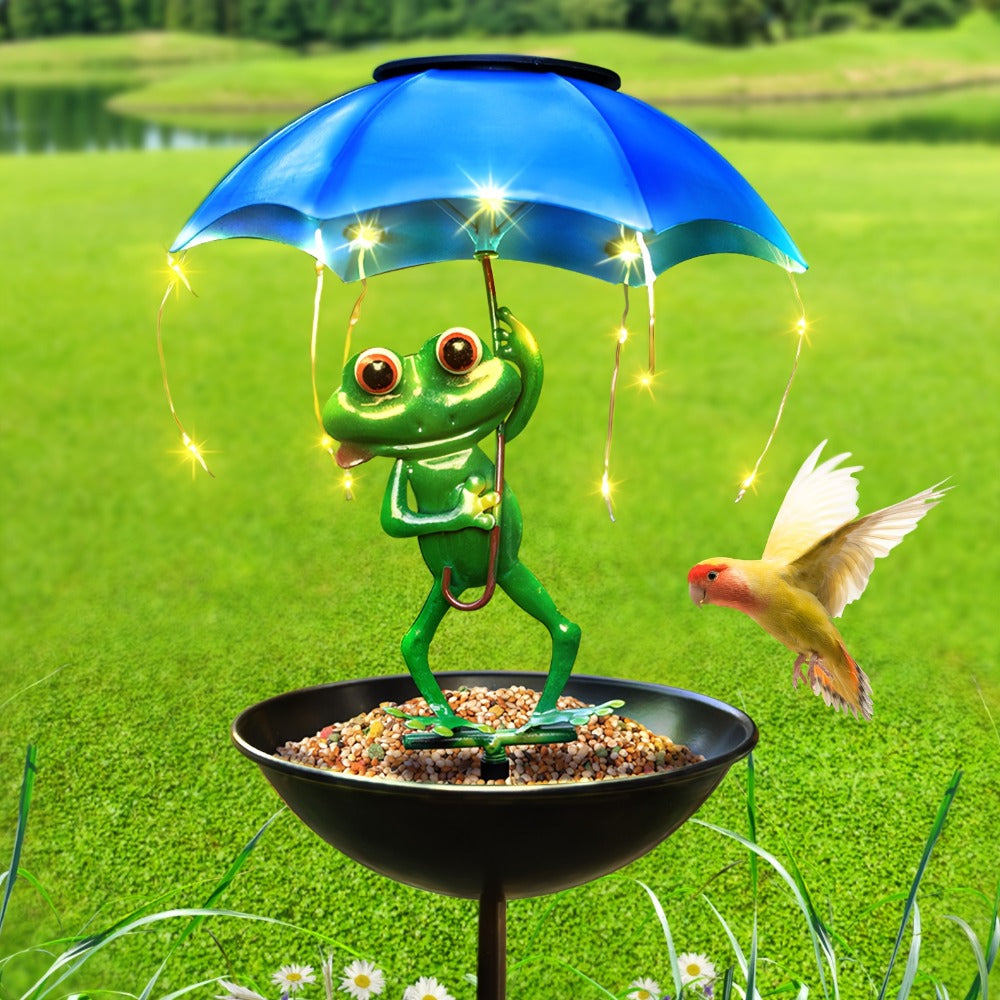 Solar Garden Decor Frog with Umbrella LED Light – Iron Frog Outdoor Statue with Solar Powered LED | Bird Feeder Garden Ornament for Patio, Lawn, Pathway & Deck | Unique Valentine Gift Yard Decoration