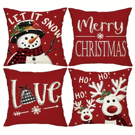 Christmas Throw Pillow Covers with Reindeer, Snowman and Buffalo Plaid, Set of 4