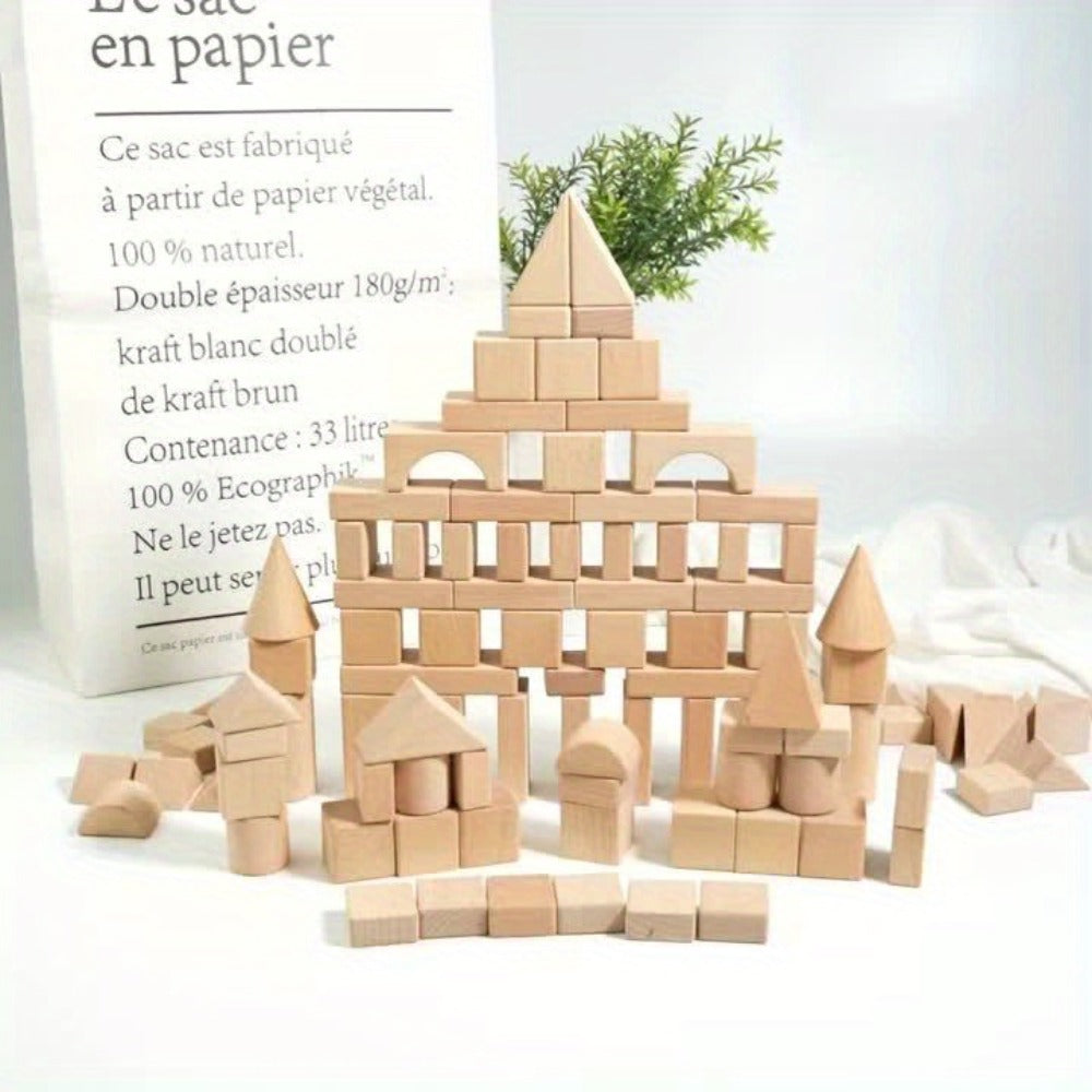 100-Piece Unpainted Beech Wood Building Blocks for Stacking and Sorting