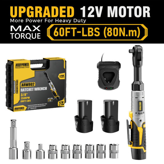 Cordless Electric Ratchet Wrench Set, 12V 3/8-Inch Drive with 2 Batteries and 6 Sockets
