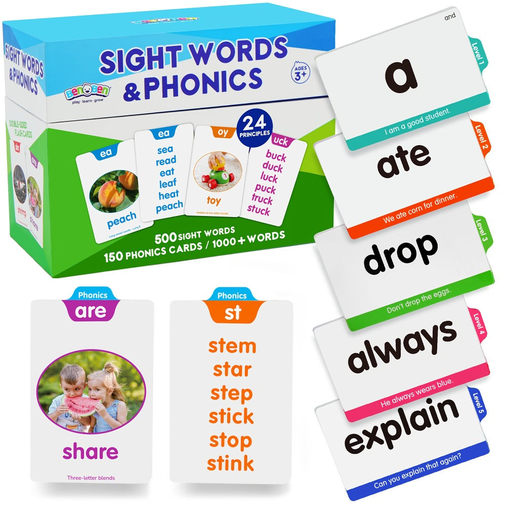 Sight Words Flash Cards 500 Cards & 150 Phonics Cards Set 1000+ Dolch Fry High Frequency Words CVC Blends Long Vowels | Learn to Read Cards Pre-K Kindergarten 1st 2nd 3rd Grade Ages 3+