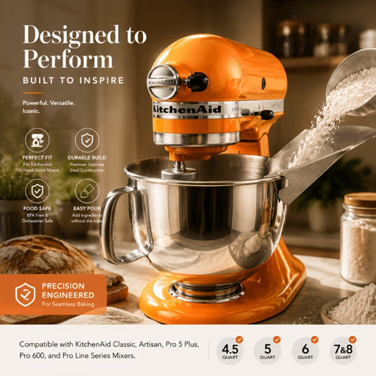 Pouring Chute for KitchenAid Mixers, Stainless Steel, with Optional FlexEdge Beater