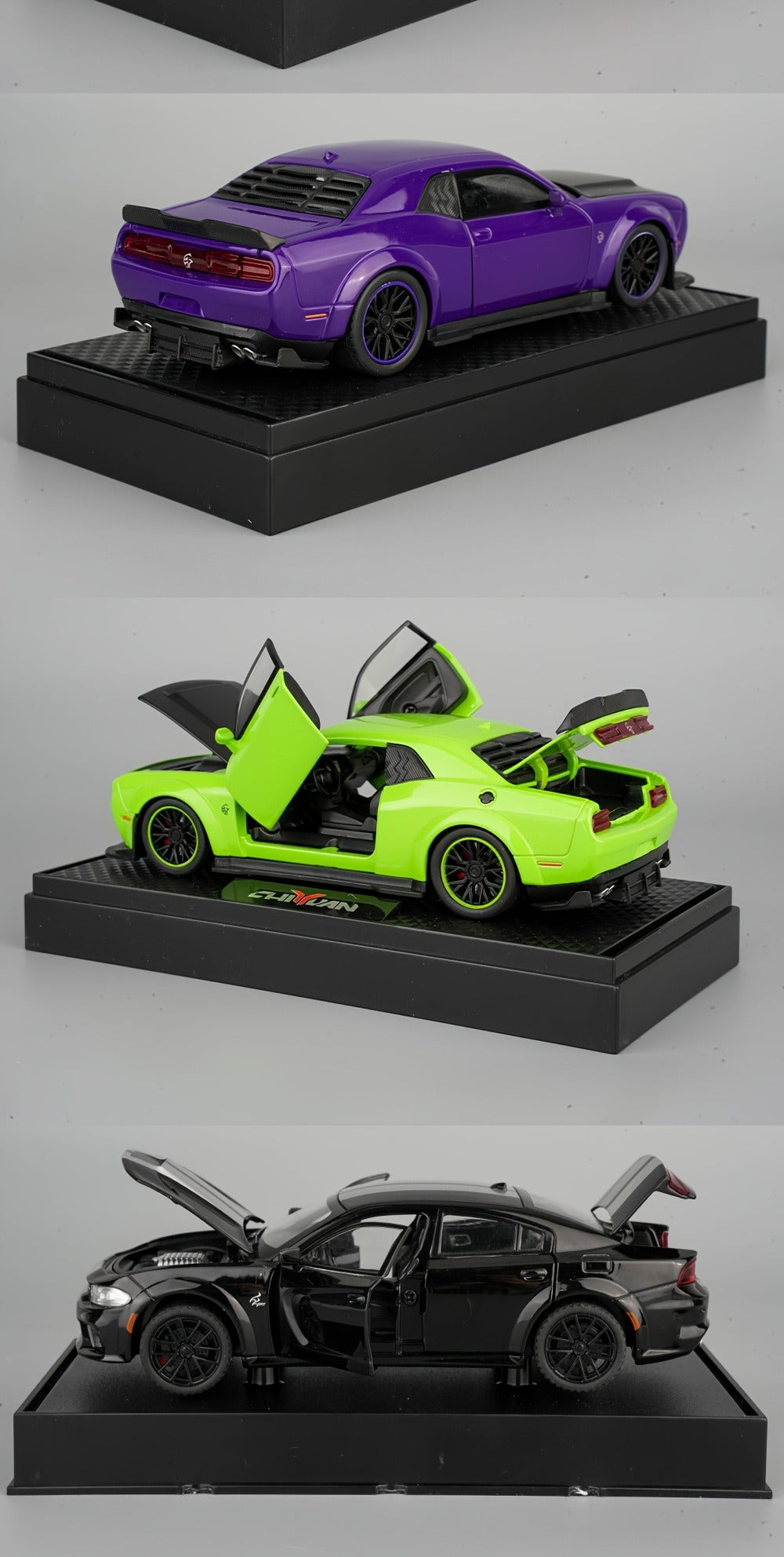 Dodge Sports Car Diecast Model, Purple Zinc Alloy Static Collectible with Display Base & Opening Doors