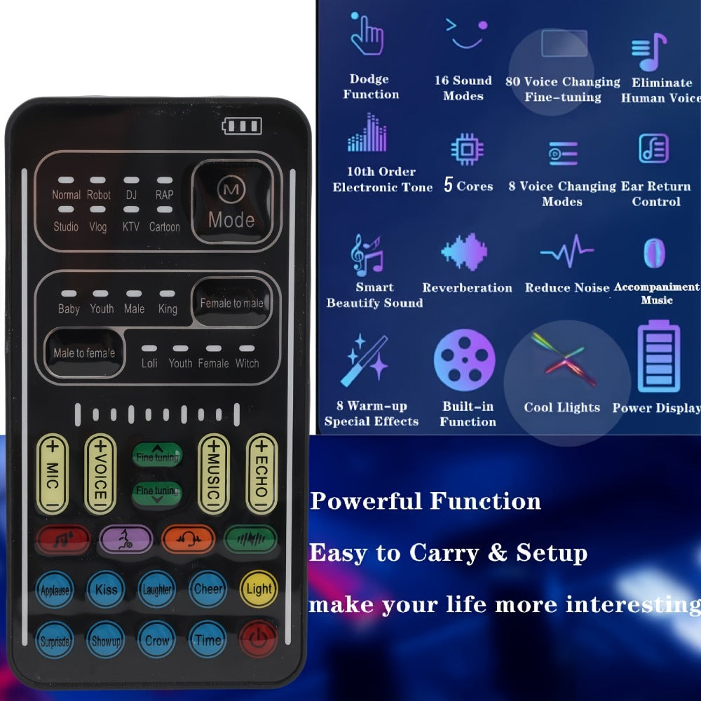Voice Changer Sound Card with 8 Voice Effects & LED Lights – Portable Live Sound Board for PS4, PS5, Xbox, PC, Phone, Laptop, Tablet | Male to Female, Gaming & Streaming Voice Modulator