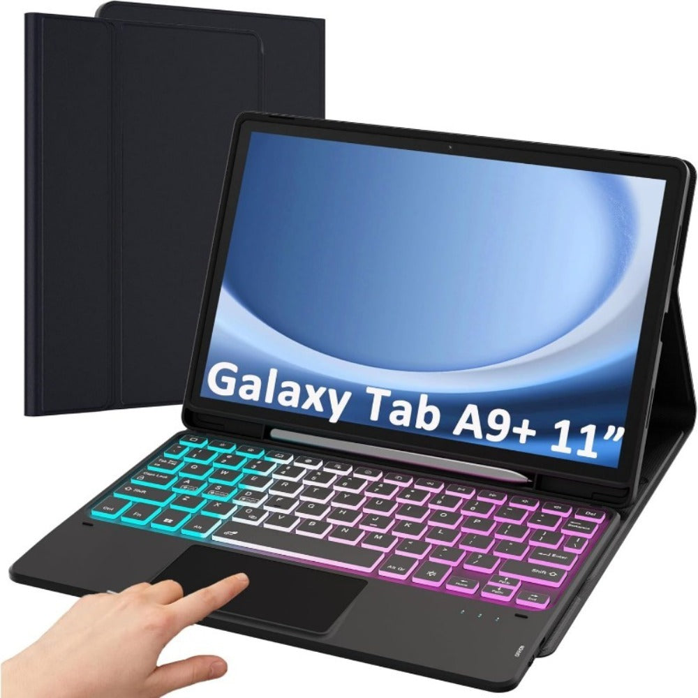 Samsung Galaxy Tab A9 Plus Keyboard Case with Detachable USB-C Touchpad – 11" Magnetic Folio Cover with Pen Slot for SM-X210 X215 X216 X218 | Black & Pink | Laptop-Style Productivity Case
