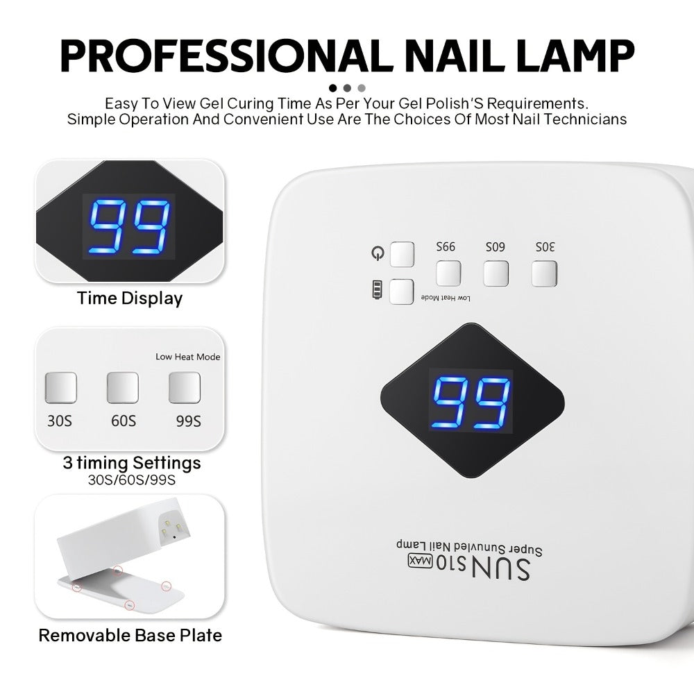 LED Nail Lamp Rechargeable HD Display Smart Nail Dryer Fast Cure All Gel Polish UV Light Cordless Portable Low Heat Mode Home Salon Professional Manicure Pedicure Tool White