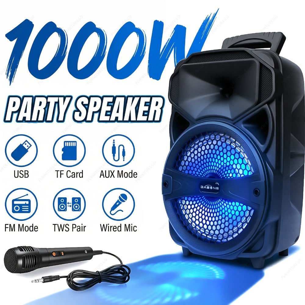 1000W Karaoke Machine with Wireless Bluetooth Party Speaker, 8-Inch Subwoofer, Loud Sound System, FM Radio, EQ Mode, Strobe Lights, Wired Microphone & Remote Control for Adults and Kids