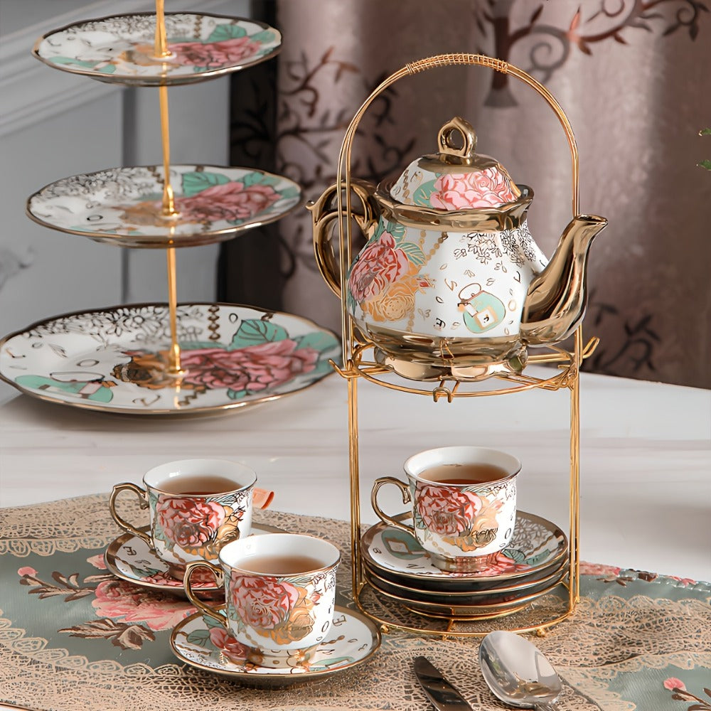 Floral Ceramic Tea Set 20 Pcs – European Porcelain Tea Cups & Saucers with Metal Holder & 15 Oz Teapot – Luxury Arabic Coffee Cup Set for Espresso, Cappuccino & Afternoon Tea – Elegant Gift