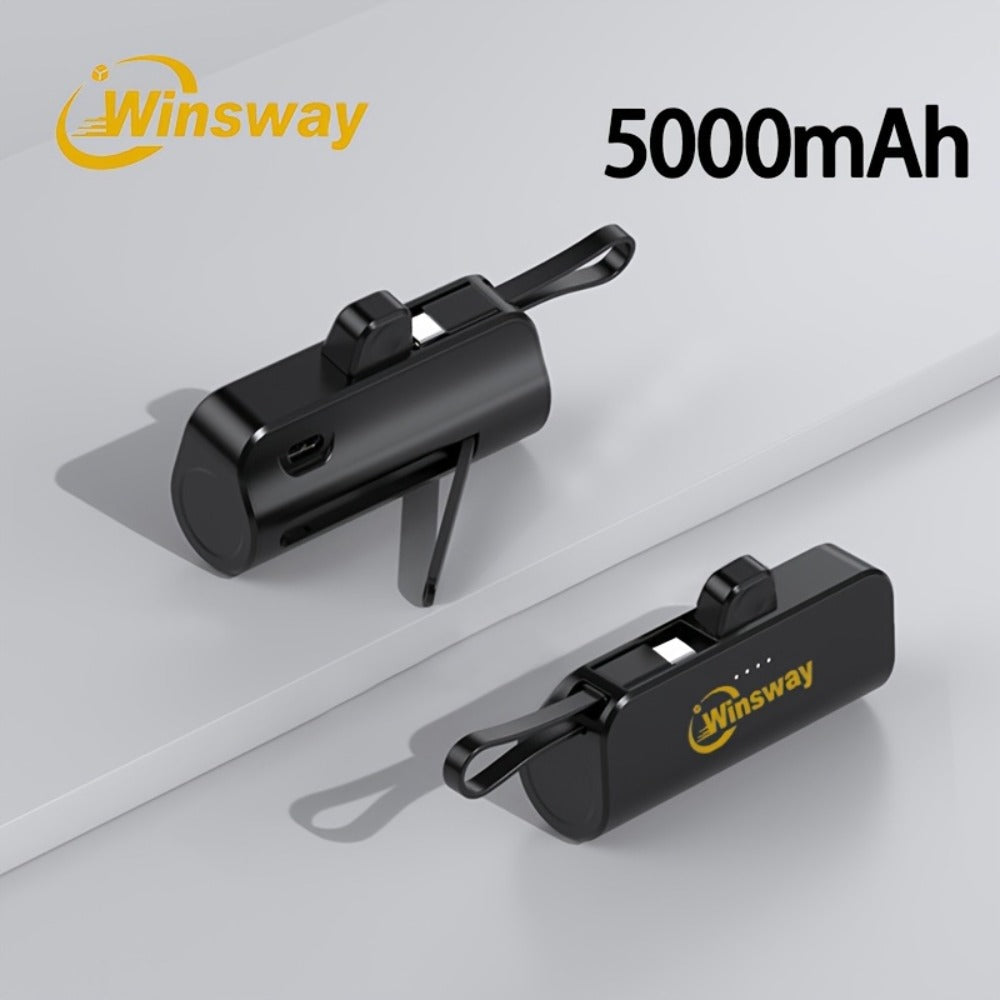 Capsule Mini Power Bank 5000mAh Dual Port Wireless Charging Phone Holder Fast Charge USB-C Cable Charge Two Phones at Once Pocket Portable Charger for Android Samsung iPhone