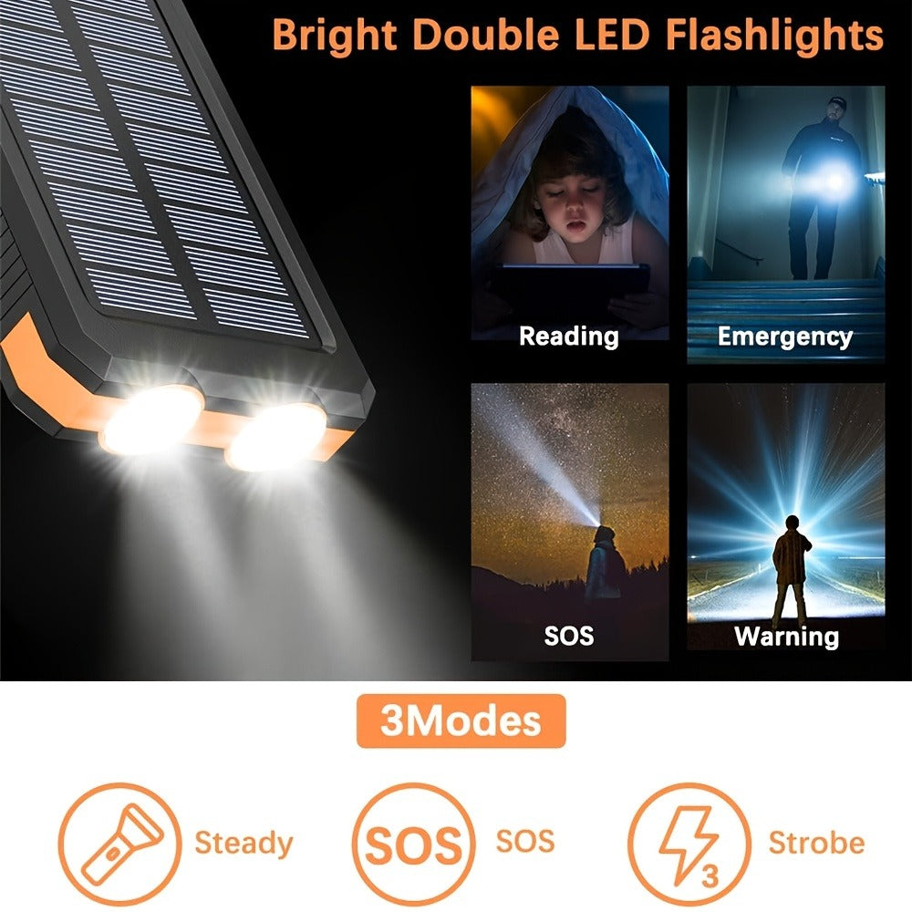 29800mAh Solar Power Bank with Compass & Dual LED Flashlight – Outdoor Camping Portable Charger, Dual USB 5V Output, SOS Emergency Battery Pack for Cell Phones & Mobile Devices, Black/Orange