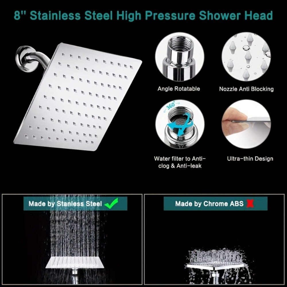Rainfall Handheld Shower Combo 9-Setting – High Pressure 11" Extension Arm Leak-Proof Wall Mount 8 10 12 Inch Chrome Black