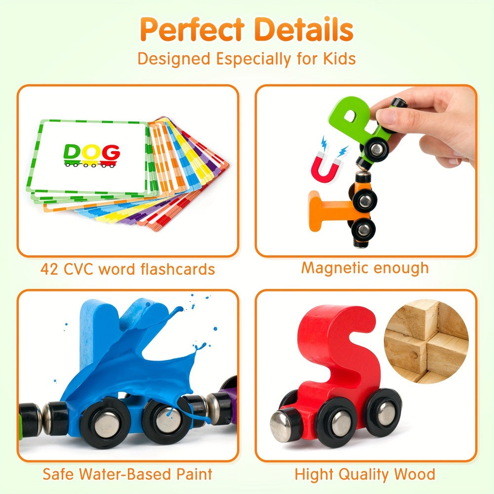 Wooden Alphabet Train Set, 27-Piece Magnetic ABC Letter Toy with 42 Flash Cards & Storage Bag