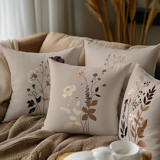 Throw Pillow Covers 18x18 Set of 4 - Floral Botanical Square Cushion Cases Beige Brown Gray | Zipper Closure Machine Washable Decorative Pillows for Living Room Bedroom Sofa Couch Contemporary Decor