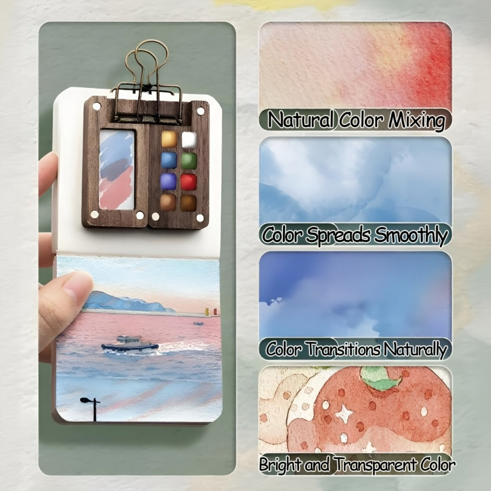 Portable Watercolor Paint Set 24 Colors with 15-Grid Palette 3 Brushes and 6 Accessories Pocket Painting Kit for Outdoor Sketching Travel Artists Kids Adults