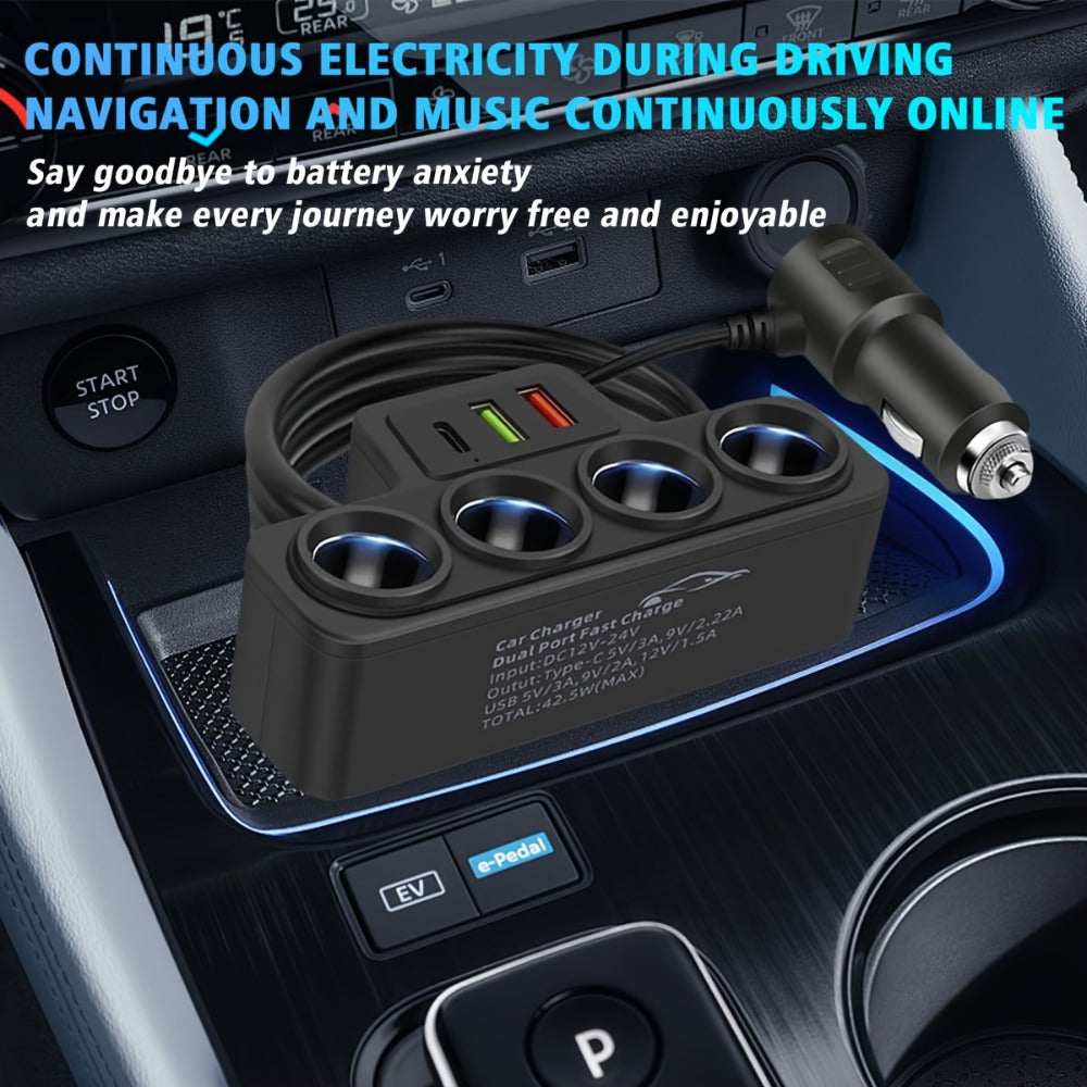 120W 7-in-1 Car Charger with Atmosphere Light – Super Fast Charging Dual PD QC 7 Ports USB Car Plug Adapter for iPhone 16 15 14 13 12 11 Samsung Galaxy S25 S24 Android – Multi-Device Car Charging Hub