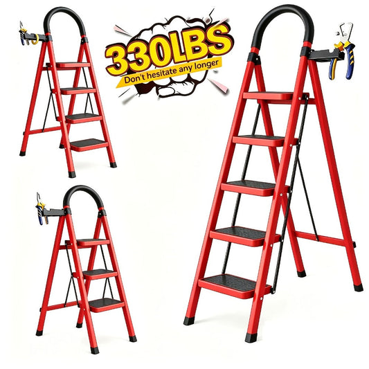 Folding Step Ladder, Steel Frame with Handrail and 2-, 3-, 4-, or 5-Step Options