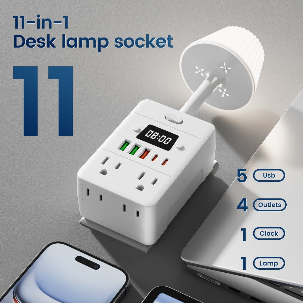 Desktop Power Strip with LED Desk Lamp & Clock 9-in-1, 4 AC Outlets & 5 USB Ports (3 USB-A & 2 USB-C), Surge Protection & Overload Safety for Office, Study, Home & School