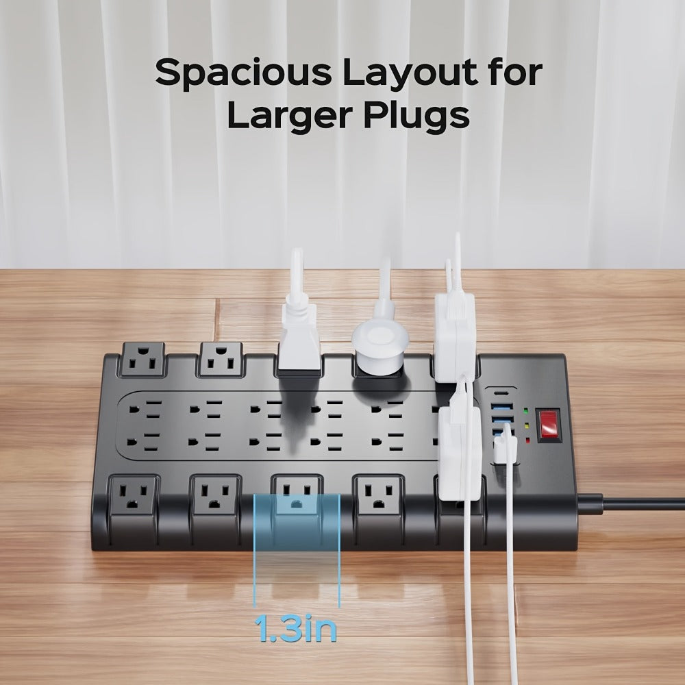 Gaming Room Surge Protector Power Strip 28-in-1 with 22 AC Outlets 6 USB Ports 24W 2100 Joules 1875W 15A Flat Plug Wall Mount Switch 5 7 13ft Extension Cord for Home Office Dorm Gaming Setup – Black