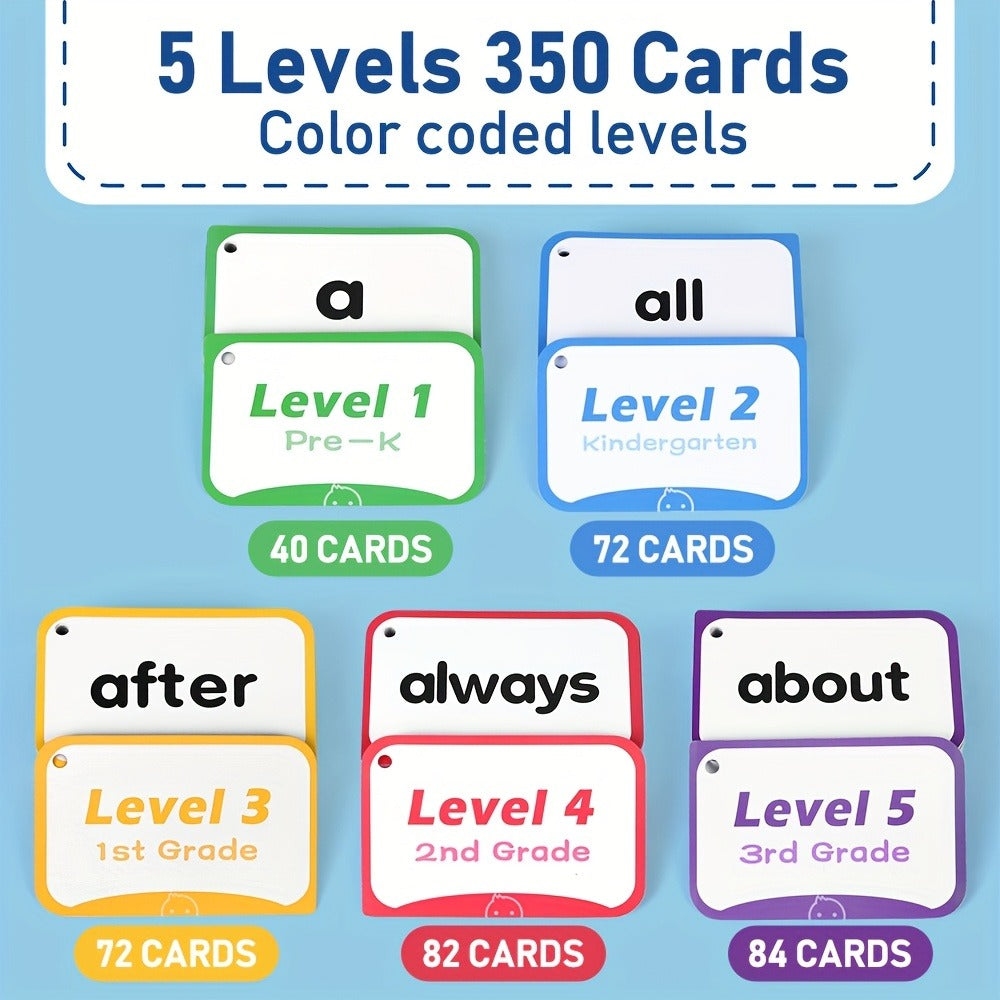 Sight Words Flash Cards 350 Dolch & Fry High Frequency Words – 5 Color-Coded Levels Pre-K to 3rd Grade, Laminated Double-Sided Reading Flashcards with Rings, Homeschool Classroom Gift for Kids Ages 3-9