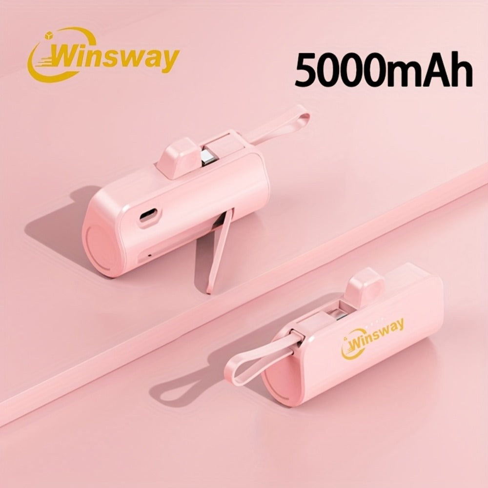 Capsule Mini Power Bank 5000mAh Dual Port Wireless Charging Phone Holder Fast Charge USB-C Cable Charge Two Phones at Once Pocket Portable Charger for Android Samsung iPhone