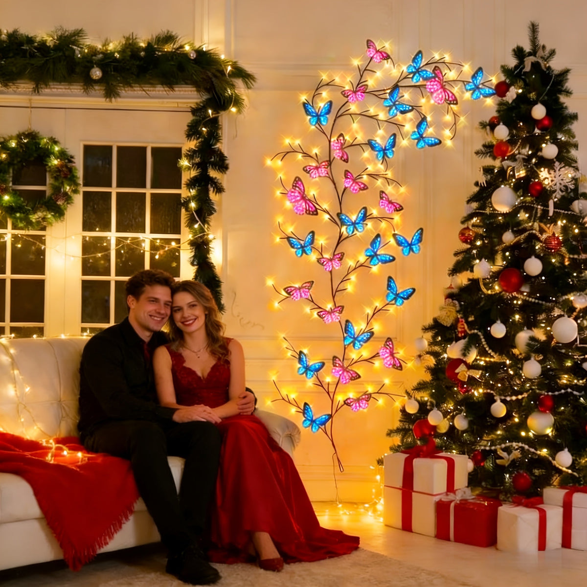 Cherry Blossom LED Fairy Lights USB Powered – 96-Light Faux Floral Garland, Dimmable Warm & Cool White, Plug & Play | Firework, Butterfly & Pink Styles | Bedroom, Party & Holiday Indoor Decor
