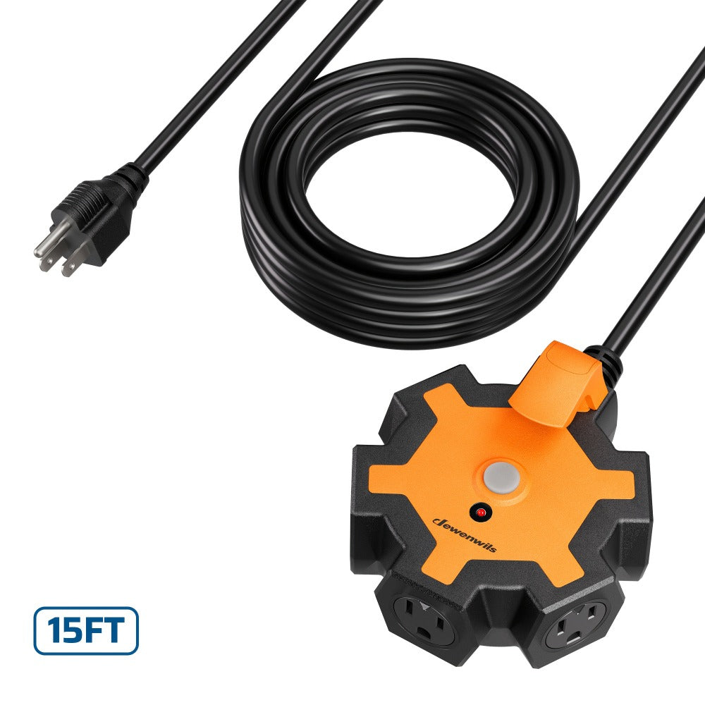 Power Strip Heavy Duty 5-Outlet with 15ft Extension Cord - 15A Circuit Breaker, 14/3 AWG SJTW Cord, Swivel Safety Covers, Indoor Outdoor Use for Garage Workshop, 1-Pack & 2-Pack Available