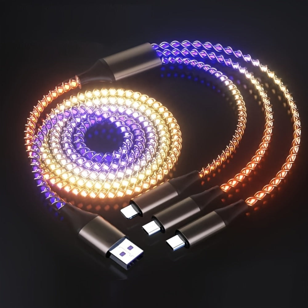 3-in-1 Braided Charging Cable with LED RGB Light, Universal Multi Charger Cord with Lightning, USB-C and Micro USB, Compatible with iPhone, Samsung, Android, iPad and Most Phones