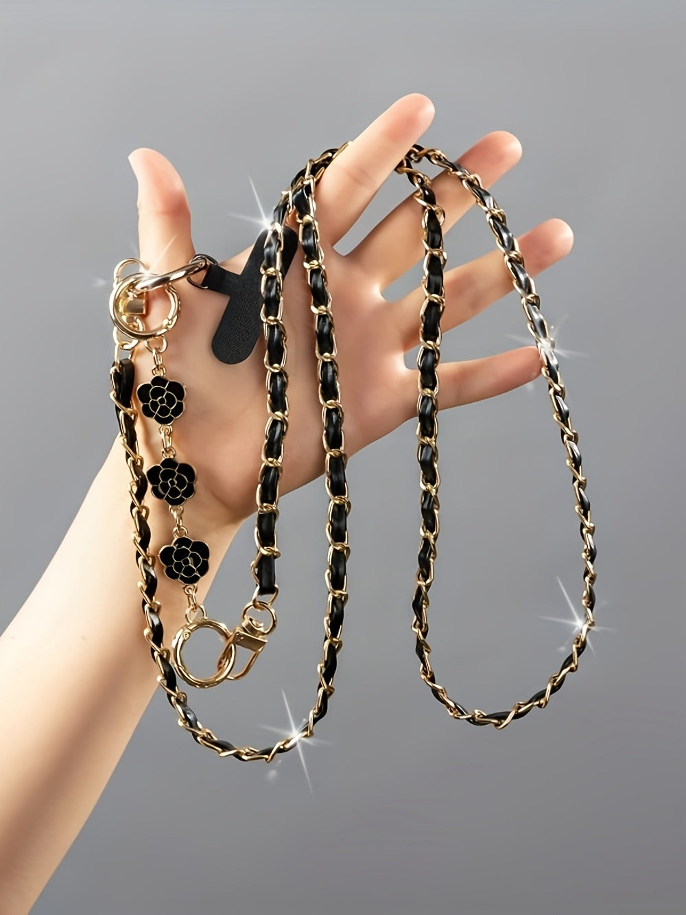Crossbody Phone Strap Long Chain Pearl Camellia Metal Charm Elegant Lanyard for Women Girls – Clip-On Universal Fit iPhone Samsung Black White 2-5pcs Gift Set
