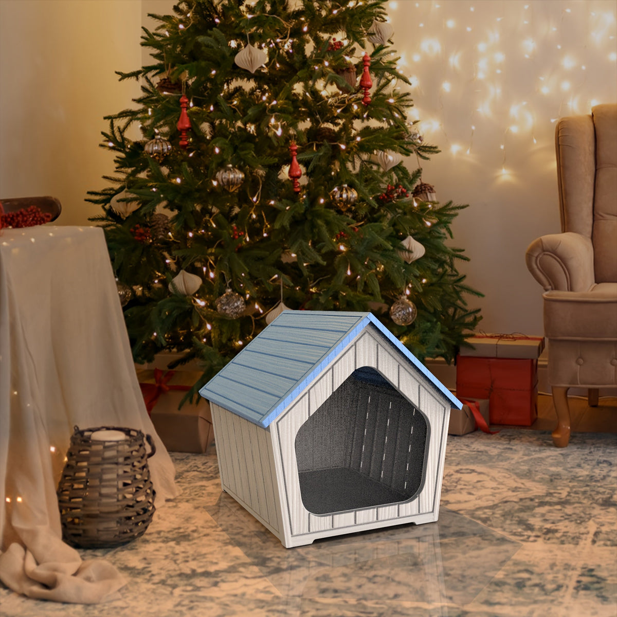 Outdoor Cat House XL Resin Weatherproof Cat Shelter with Raised Floor Indoor Outdoor Small Animal Enclosure Easy Assembly Cat Play Cage 23.43x22.64x22.8 Inch